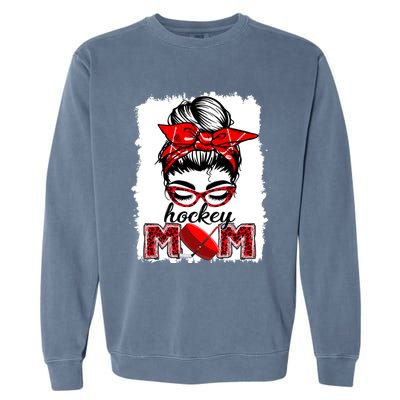 Hockey Mom Messy Bun Leopard Funny Mothers Day Gift Garment-Dyed Sweatshirt