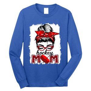 Hockey Mom Messy Bun Leopard Funny Mothers Day Gift Long Sleeve Shirt