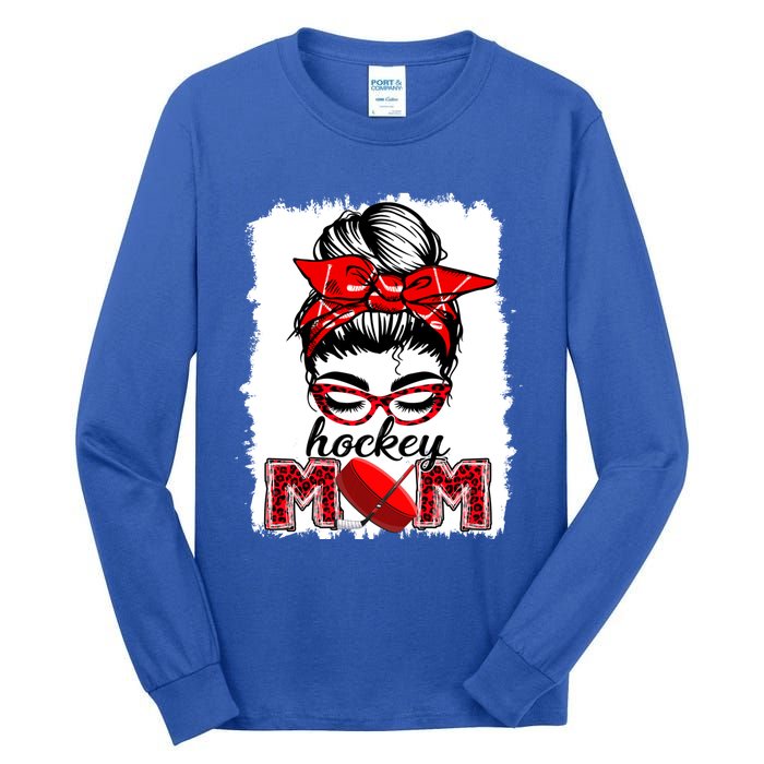 Hockey Mom Messy Bun Leopard Funny Mothers Day Gift Tall Long Sleeve T-Shirt