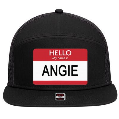 Hello My Name Is Angie Name Tag 7 Panel Mesh Trucker Snapback Hat