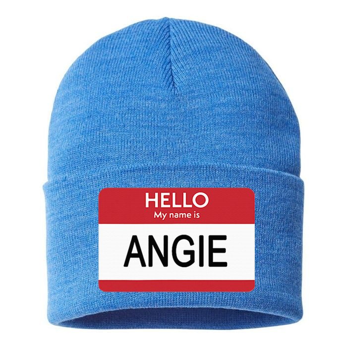 Hello My Name Is Angie Name Tag Sustainable Knit Beanie