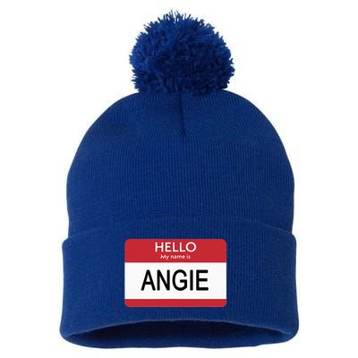 Hello My Name Is Angie Name Tag Pom Pom 12in Knit Beanie