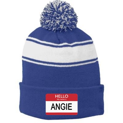 Hello My Name Is Angie Name Tag Stripe Pom Pom Beanie