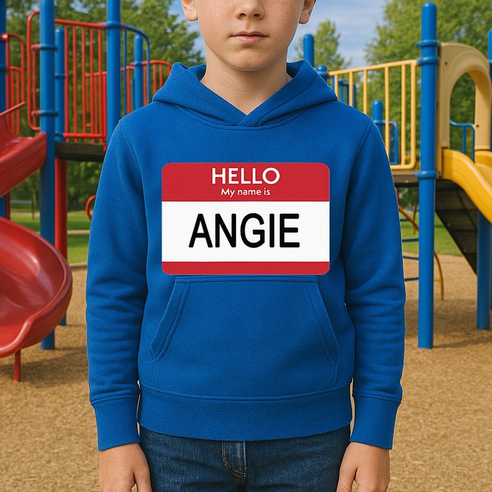 Hello My Name Is Angie Name Tag Kids Hoodie