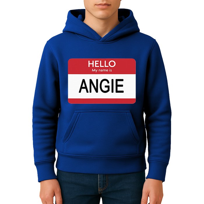 Hello My Name Is Angie Name Tag Kids Hoodie
