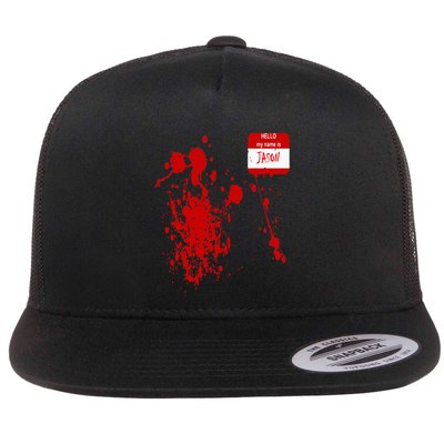 Hello My Name Is Jason Funny Halloween Costume Flat Bill Trucker Hat