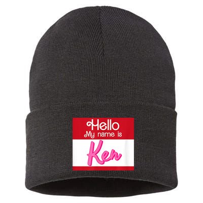 Hello My Name Is Ken Halloween Funny Name Tag Personalized Sustainable Knit Beanie