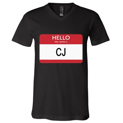 Hello My Name Is Cj Name Tag Sticker Label V-Neck T-Shirt