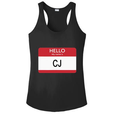 Hello My Name Is Cj Name Tag Sticker Label Ladies PosiCharge Competitor Racerback Tank