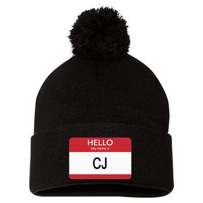 Hello My Name Is Cj Name Tag Sticker Label Pom Pom 12in Knit Beanie
