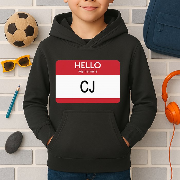 Hello My Name Is Cj Name Tag Sticker Label Kids Hoodie