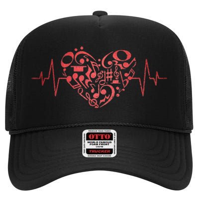 Heart Music Notes Musician Heartbeat Music Lover Music High Crown Mesh Back Trucker Hat