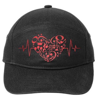 Heart Music Notes Musician Heartbeat Music Lover Music 7-Panel Snapback Hat