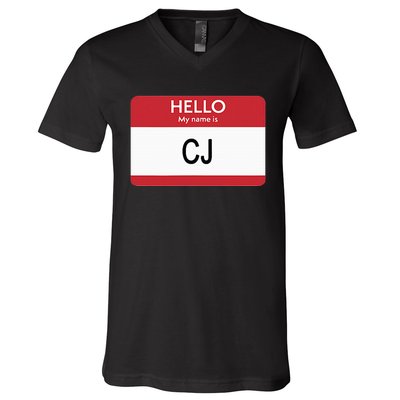 Hello My Name Is Cj Name Tag Sticker Label V-Neck T-Shirt