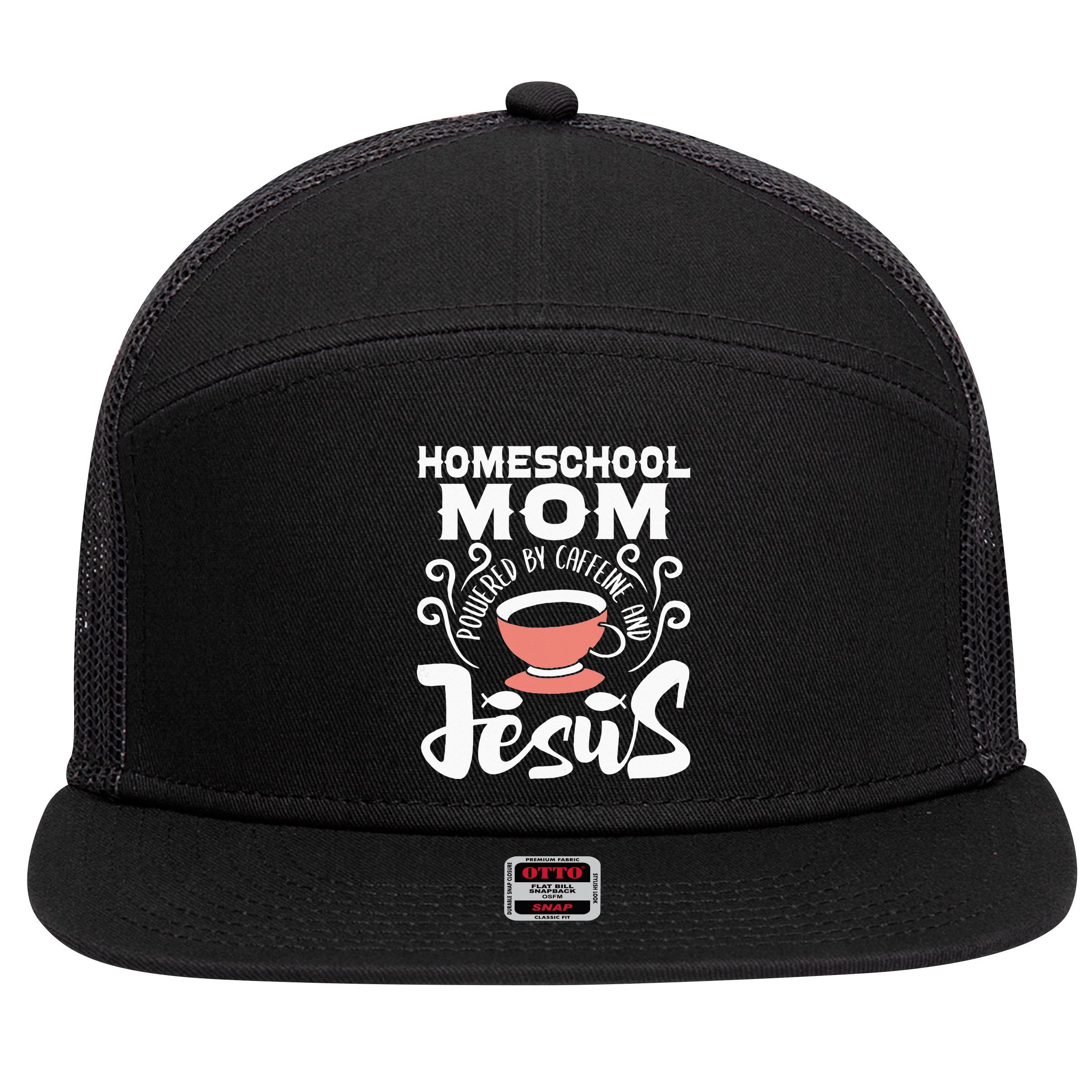 Homeschool Mom Powered By Caffeine And Jesus Homeschooling 7 Panel Mesh Trucker Snapback Hat