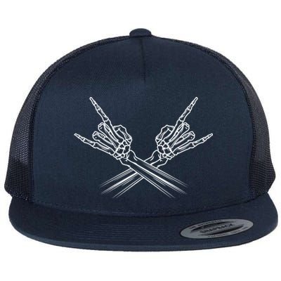 Heavy Metal Rock And Roll Skeleton Hand Horns Rock Band Cool Gift Flat Bill Trucker Hat