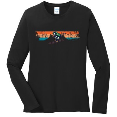 Heartbeat Mountains Skiing Skiing Pulse Ski Vacation Gift For Skiers Ladies Long Sleeve Shirt