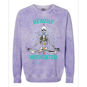 Heavily Meditated Skeleton Funny Yoga Meditation Pun Cool Gift Colorblast Crewneck Sweatshirt