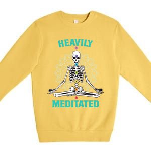 Heavily Meditated Skeleton Funny Yoga Meditation Pun Cool Gift Premium Crewneck Sweatshirt