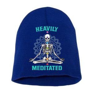 Heavily Meditated Skeleton Funny Yoga Meditation Pun Cool Gift Short Acrylic Beanie