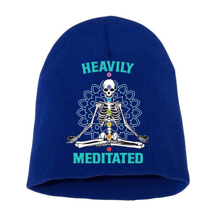 Heavily Meditated Skeleton Funny Yoga Meditation Pun Cool Gift Short Acrylic Beanie