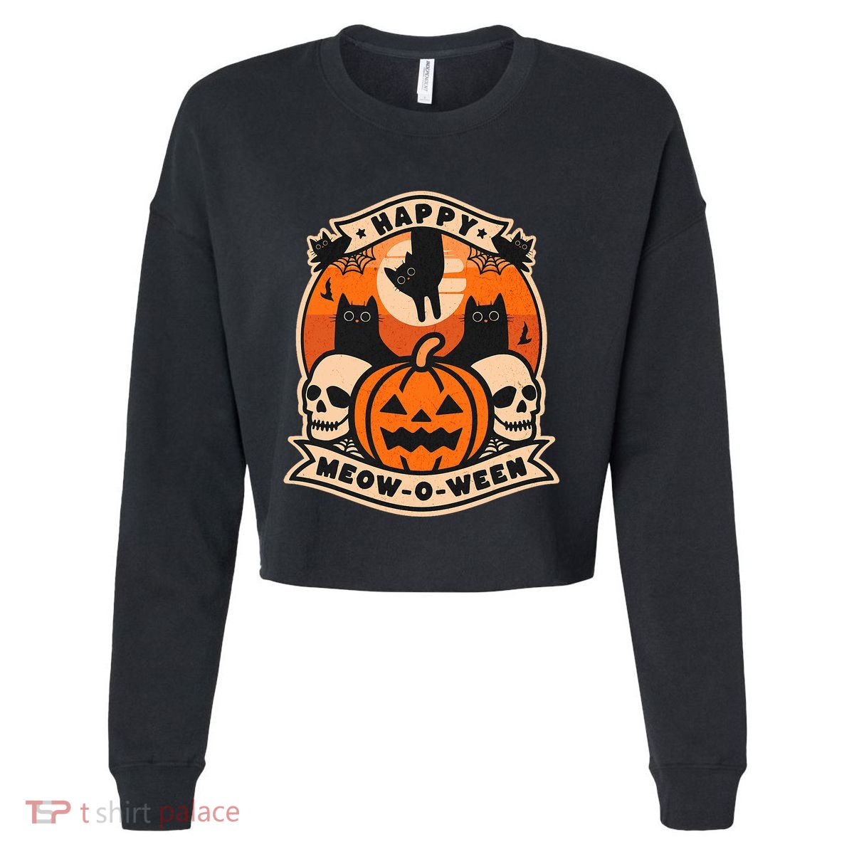 Happy Meowoween Scary Halloween Shirts Cropped Pullover Crew