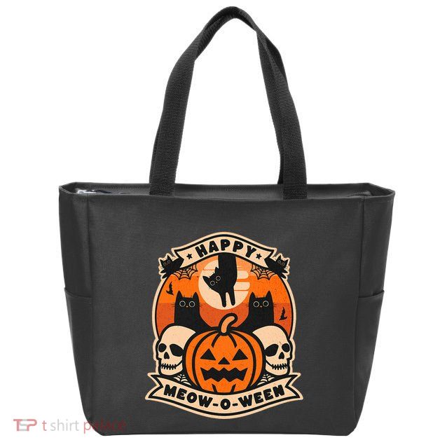Happy Meowoween Scary Halloween Shirts Zip Tote Bag