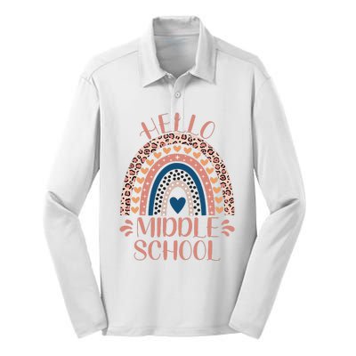 Hello Middle School Teacher Back To School Silk Touch Performance Long Sleeve Polo