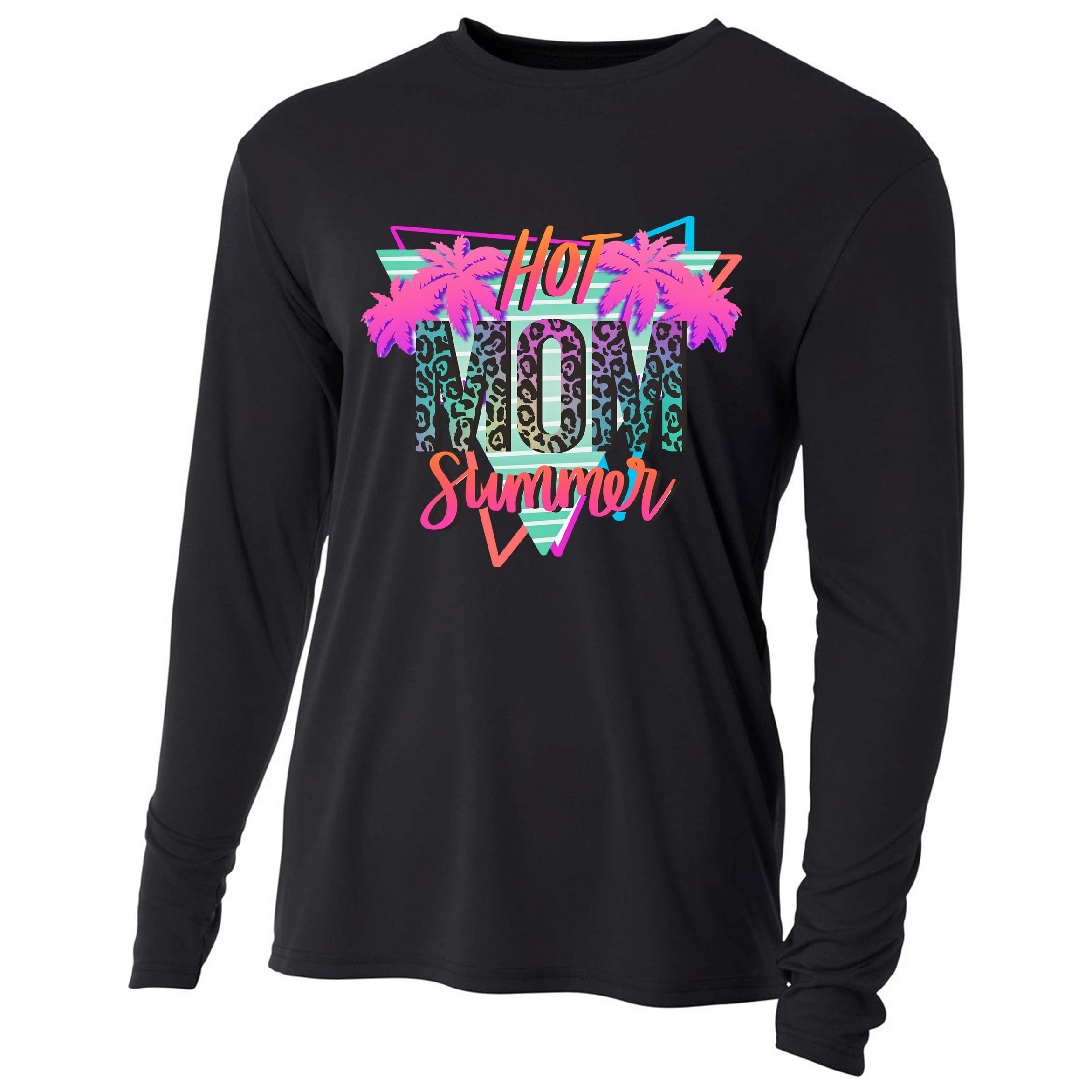Hot Mom Summer Palms Tree Vintage Leopard Hot Mom Summer Cooling Performance Long Sleeve Crew