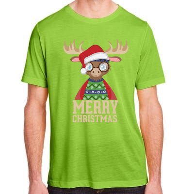 Hipster Moose Santa Hat Merry Christmas Funny Holiday Gift Adult ChromaSoft Performance T-Shirt