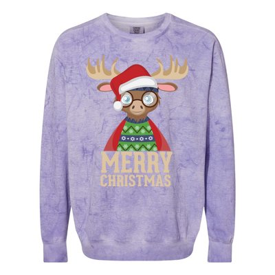 Hipster Moose Santa Hat Merry Christmas Funny Holiday Gift Colorblast Crewneck Sweatshirt