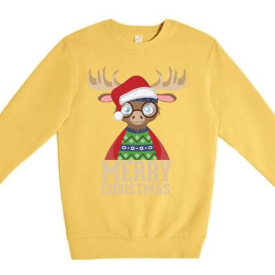 Hipster Moose Santa Hat Merry Christmas Funny Holiday Gift Premium Crewneck Sweatshirt