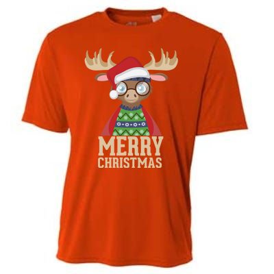 Hipster Moose Santa Hat Merry Christmas Funny Holiday Gift Cooling Performance Crew T-Shirt