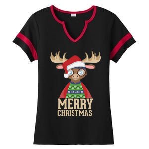 Hipster Moose Santa Hat Merry Christmas Funny Holiday Gift Ladies Halftime Notch Neck Tee