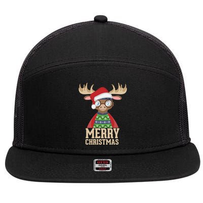 Hipster Moose Santa Hat Merry Christmas Funny Holiday Gift 7 Panel Mesh Trucker Snapback Hat