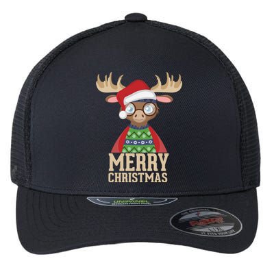 Hipster Moose Santa Hat Merry Christmas Funny Holiday Gift Flexfit Unipanel Trucker Cap