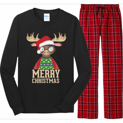 Hipster Moose Santa Hat Merry Christmas Funny Holiday Gift Long Sleeve Pajama Set