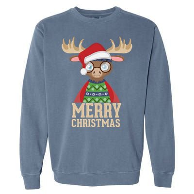 Hipster Moose Santa Hat Merry Christmas Funny Holiday Gift Garment-Dyed Sweatshirt