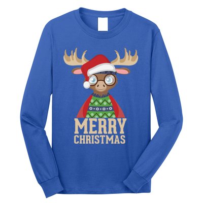 Hipster Moose Santa Hat Merry Christmas Funny Holiday Gift Long Sleeve Shirt