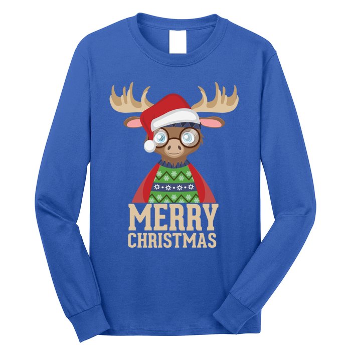 Hipster Moose Santa Hat Merry Christmas Funny Holiday Gift Long Sleeve Shirt