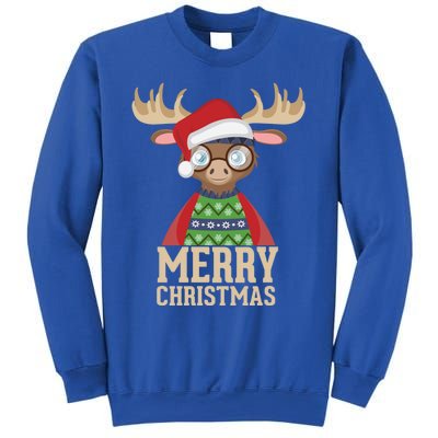 Hipster Moose Santa Hat Merry Christmas Funny Holiday Gift Sweatshirt