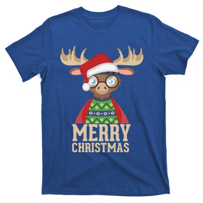 Hipster Moose Santa Hat Merry Christmas Funny Holiday Gift T-Shirt