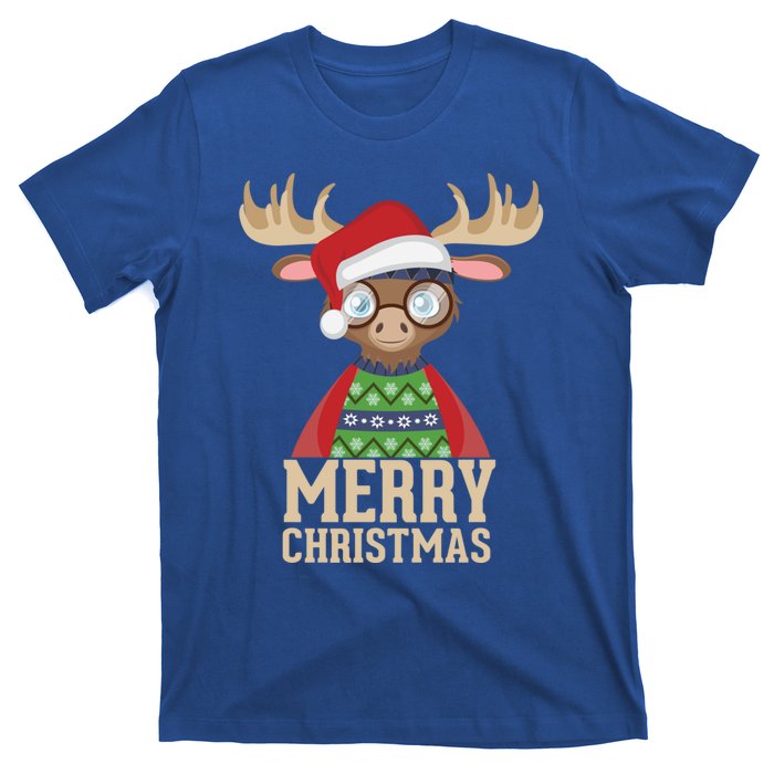 Hipster Moose Santa Hat Merry Christmas Funny Holiday Gift T-Shirt