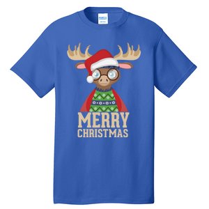 Hipster Moose Santa Hat Merry Christmas Funny Holiday Gift Tall T-Shirt