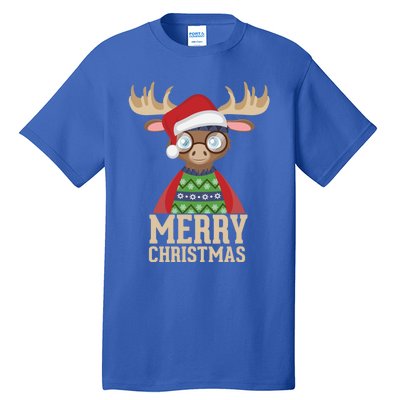 Hipster Moose Santa Hat Merry Christmas Funny Holiday Gift Tall T-Shirt