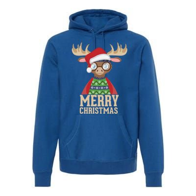 Hipster Moose Santa Hat Merry Christmas Funny Holiday Gift Premium Hoodie