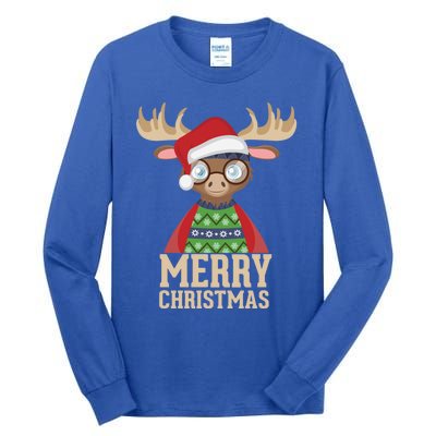 Hipster Moose Santa Hat Merry Christmas Funny Holiday Gift Tall Long Sleeve T-Shirt