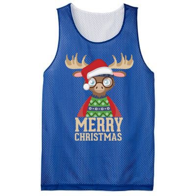 Hipster Moose Santa Hat Merry Christmas Funny Holiday Gift Mesh Reversible Basketball Jersey Tank