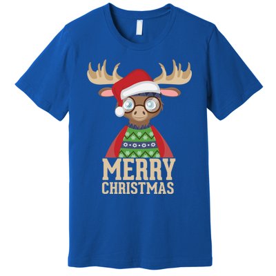 Hipster Moose Santa Hat Merry Christmas Funny Holiday Gift Premium T-Shirt