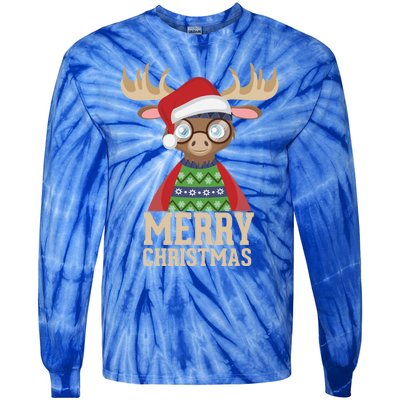 Hipster Moose Santa Hat Merry Christmas Funny Holiday Gift Tie-Dye Long Sleeve Shirt